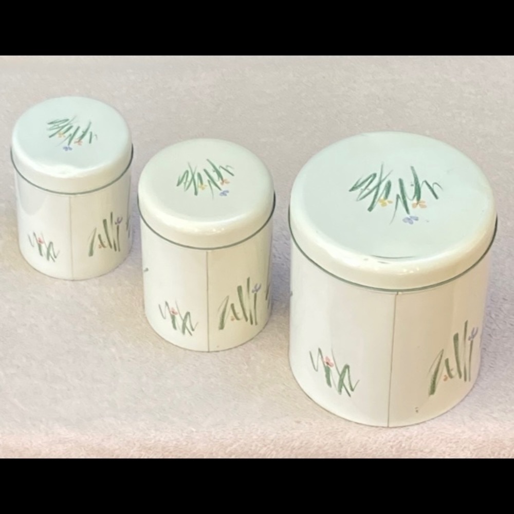 Vintage Studio Nova Floral Metal Tins Kitchen Canisters-Cream/Green-Vtg-Flowers - Picture 2 of 13